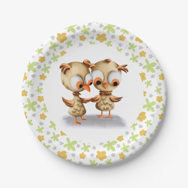 Cute Floral Owls Twins Baby Shower Paper Plate (Front)