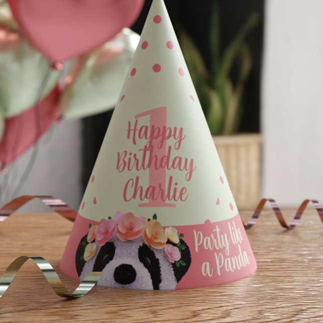 Cute Floral Panda Bear Girl Birthday Party Hats (Perfect Paper Hat for all Panda Parties - just add your name and age)