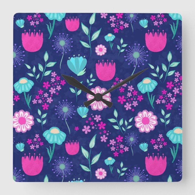 Cute floral pattern background square wall clock (Front)