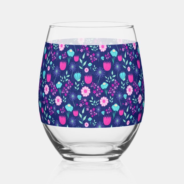 Cute floral pattern background stemless wine glass (Front)