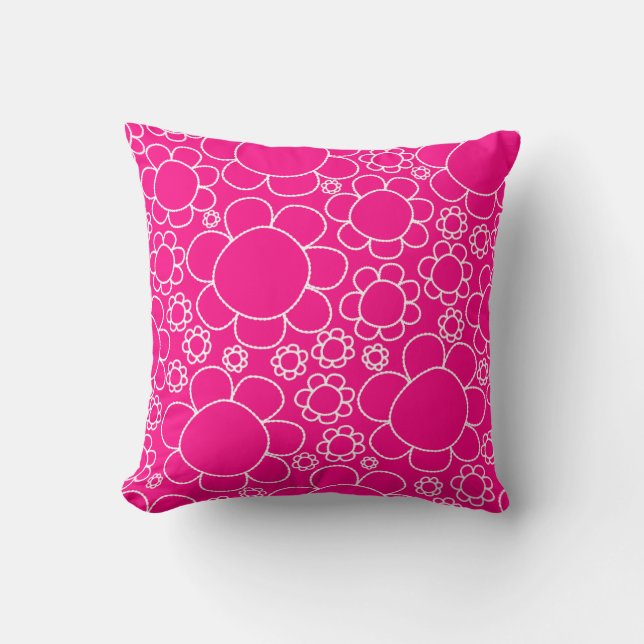 Cute Floral Pattern Doodle Flowers in Hot Pink Cushion (Front)