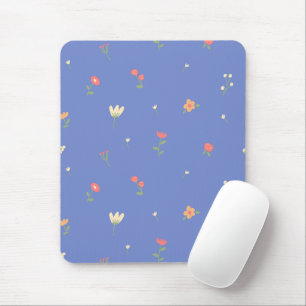 Cute Floral Pattern on Blue Background – Pastel Mouse Pad