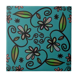 Cute Floral Pattern Teal Tile
