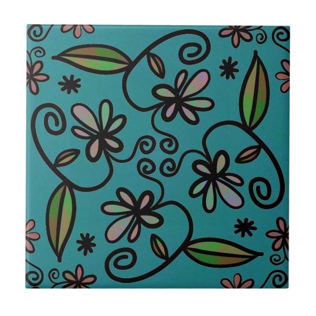 Cute Floral Pattern Teal Tile (Front)
