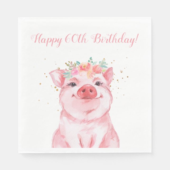 Cute Floral Pig 60th Birthday Napkin (Front)