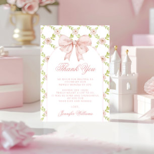 Cute Floral Pink Bow Shabby Chic Baby Girl Shower Thank You Card