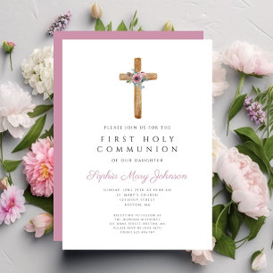 Cute Floral Pink Cross First Communion Invitation
