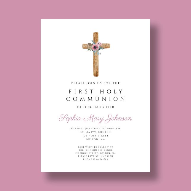 Cute Floral Pink Cross First Communion Invitation (Cute Floral Pink Cross First Communion Invitation)