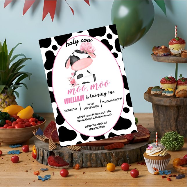 cute floral pink Holy Cow 1st Birthday Invitation (Creator Uploaded)