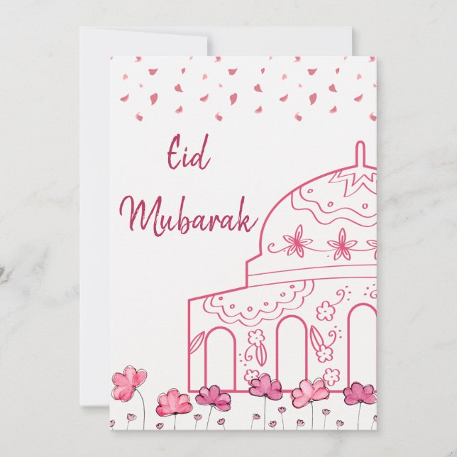 Cute Floral Pink Mosque Islamic Eid Mubarak Holiday Card (Front)