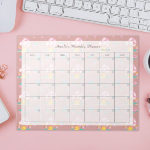Cute Floral Pink Mushroom Monthly Planner Name Notepad