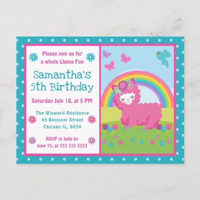 Cute Floral Pink Rainbow Llama Birthday Postcard (Front)