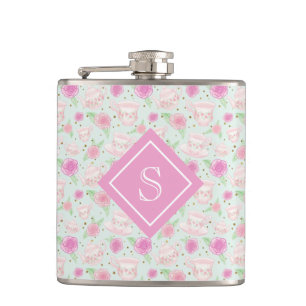 Cute Floral Pink Tea Cups Pattern Monogram Hip Flask