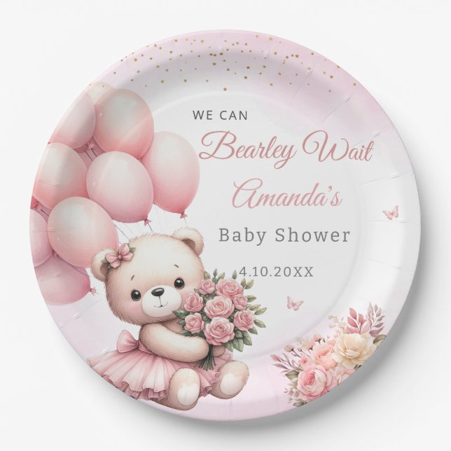 Cute floral Pink Teddy Bear Girl Baby Shower  Paper Plate (Front)