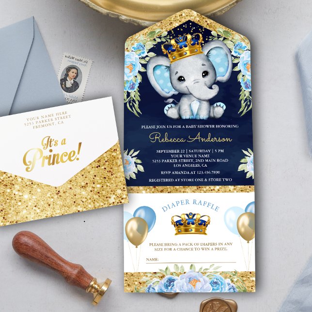 Cute Floral Prince Elephant Navy Blue Baby Shower All In One Invitation (Creator Uploaded)