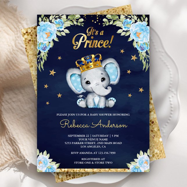 Cute Floral Prince Elephant Navy Blue Baby Shower Invitation (Creator Uploaded)
