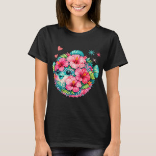 Cute Floral Puffer Fish Hibiscus Watercolor T-Shirt
