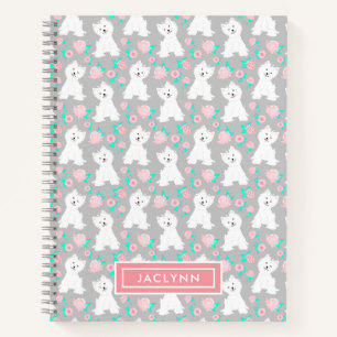 Cute Floral Puppy Pattern Personalised Grey Notebook