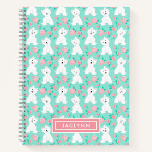 Cute Floral Puppy Pattern Personalised Mint Notebook