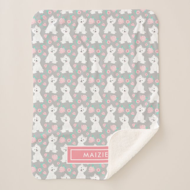 Cute Floral Puppy Pattern | Personalized Gray Sherpa Blanket (Front)