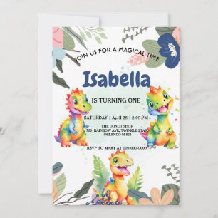 Cute Floral Rainbow Dinosaur Happy Birthday Party