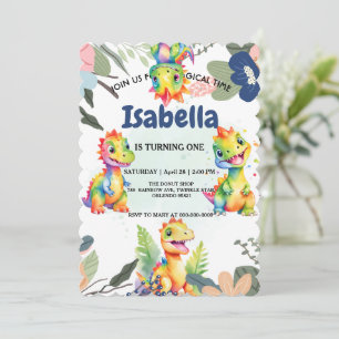 Cute Floral Rainbow Dinosaur Happy Birthday Party