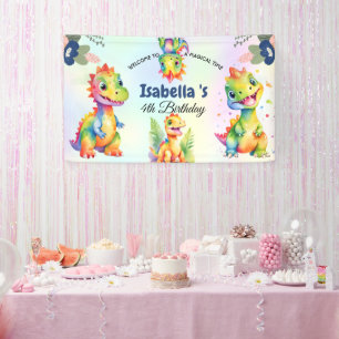 Cute Floral Rainbow Dinosaur Happy Birthday Party Banner