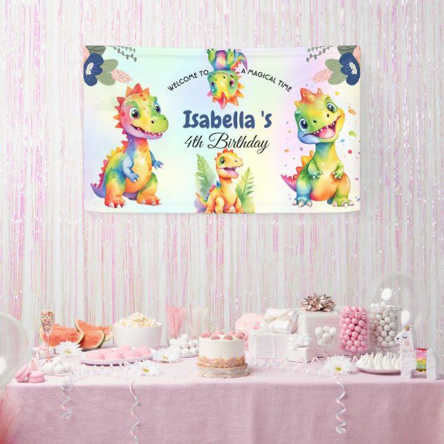 Cute Floral Rainbow Dinosaur Happy Birthday Party Banner (Party)