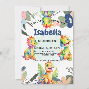 Cute Floral Rainbow Dinosaur Happy Birthday Party Invitation