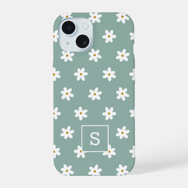 Cute Floral Sage Grass Lily Pattern Monogram iPhone 15 Case (Back)