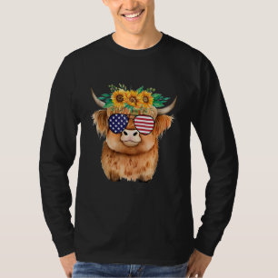 Cute Floral Scottish Highland Cow Watercolor 4th O T-Shirt
