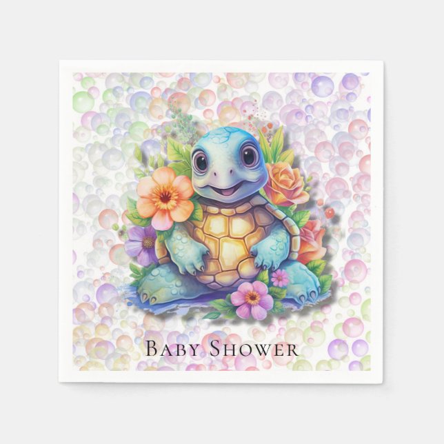 Cute Floral Sea Turtle And Bubbles Baby Shower Napkin (Front)