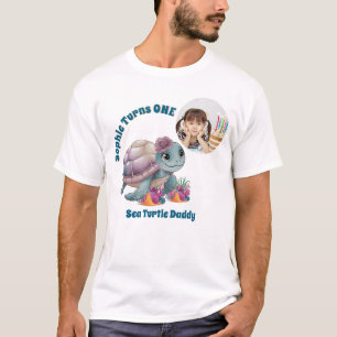Cute Floral Sea Turtle Photo  1st Birthday dad T-Shirt