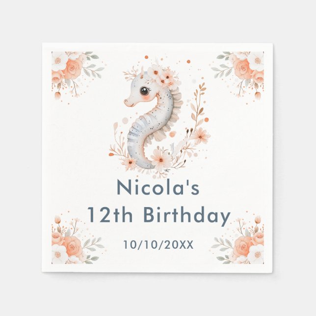 Cute Floral Seahorse Birthday Party Napkin (Front)