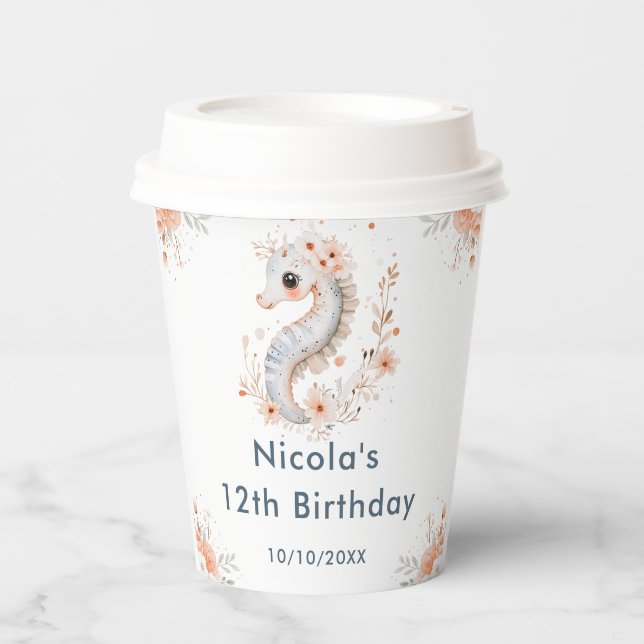 Cute Floral Seahorse Birthday Party Paper Cups (Front)