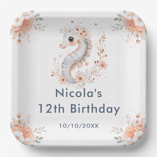 Cute Floral Seahorse Birthday Party Paper Plate (Front)