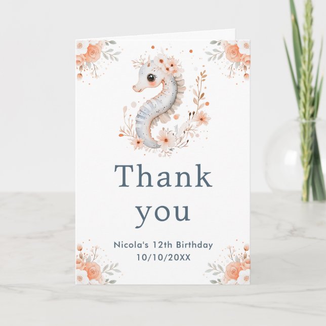 Cute Floral Seahorse Birthday Party Thank You Card (Front)