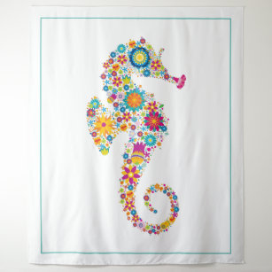 Cute floral seahorse illustration tapestry
