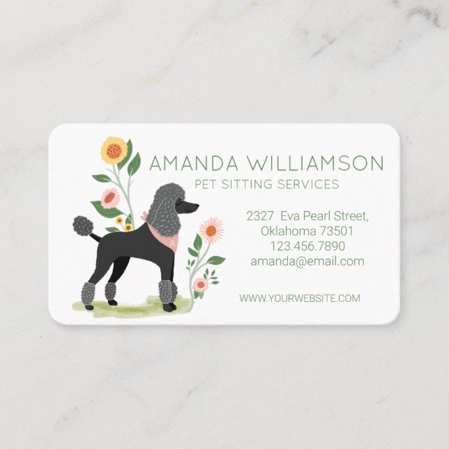 Cute Floral Show Clip Poodle Dog Pet Care Services Business Card (Front)