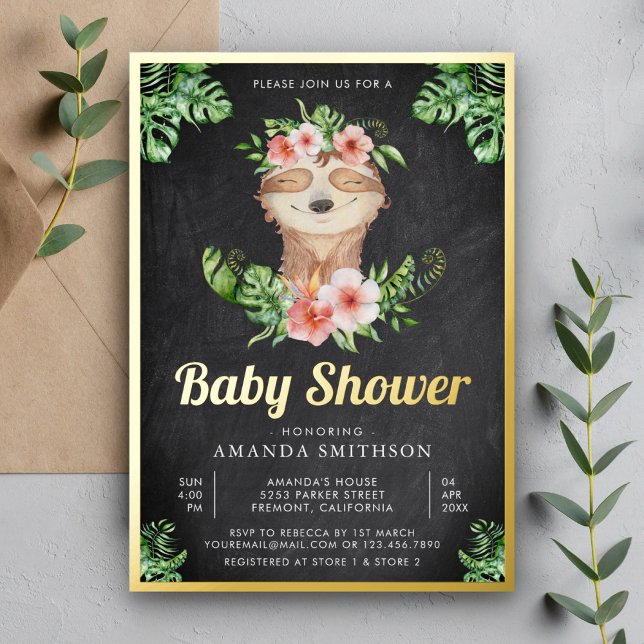 Cute Floral Sloth Girl Chalkboard Baby Shower Gold (Creator Uploaded)
