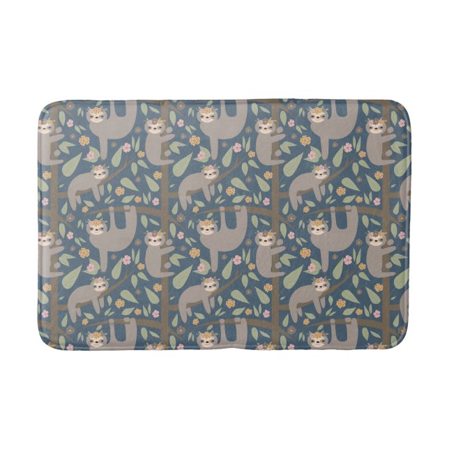 Cute Floral Sloth Pattern Bath Mat (Front)