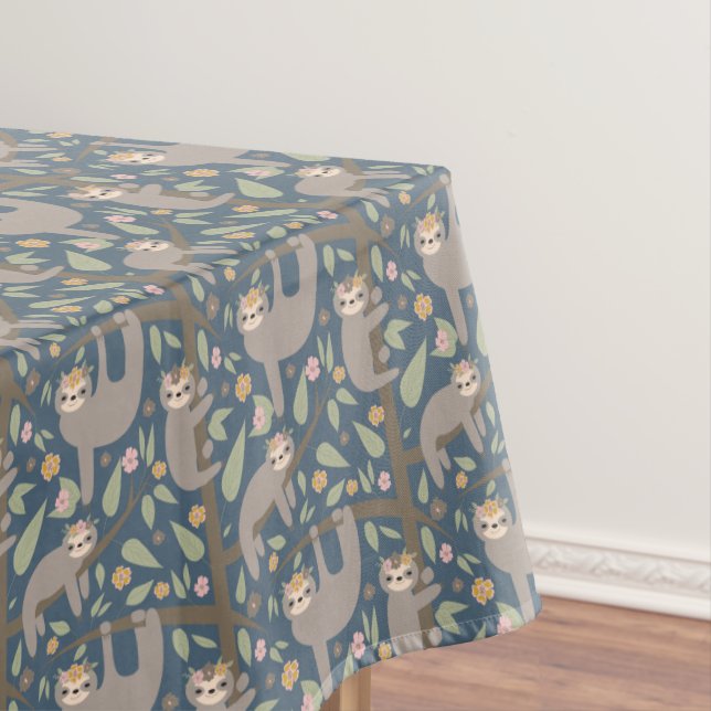Cute Floral Sloth Pattern Tablecloth (In Situ)