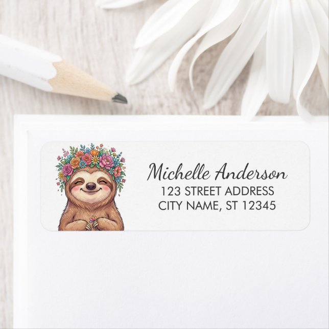 Cute Floral Sloth with Flower Crown Return Address (Insitu)