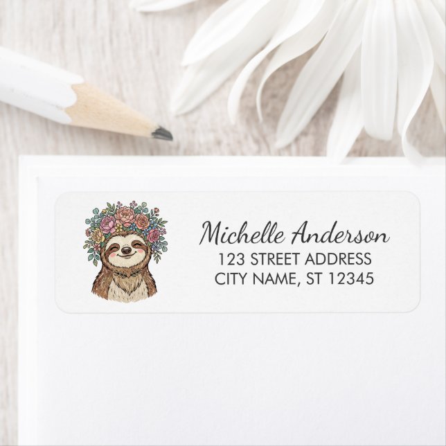 Cute Floral Sloth with Flower Crown Return Address (Insitu)