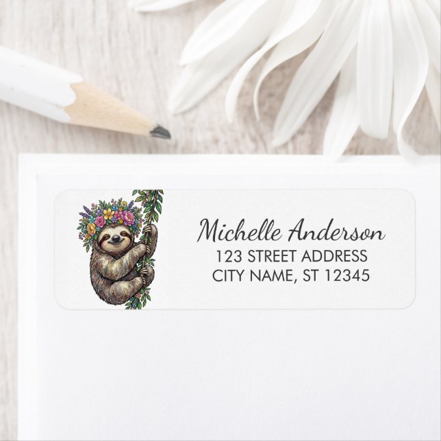 Cute Floral Sloth with Flower Crown Return Address (Insitu)