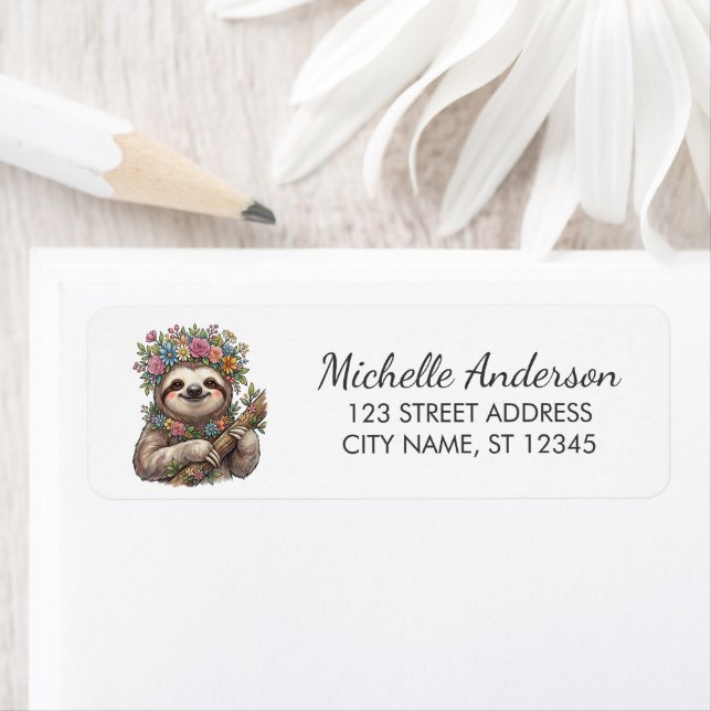 Cute Floral Sloth with Flower Crown Return Address (Insitu)