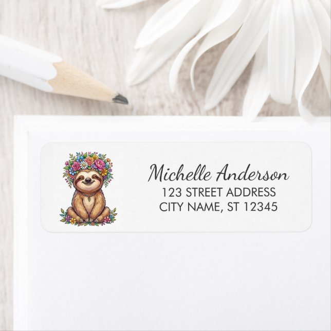 Cute Floral Sloth with Flower Crown Return Address (Insitu)
