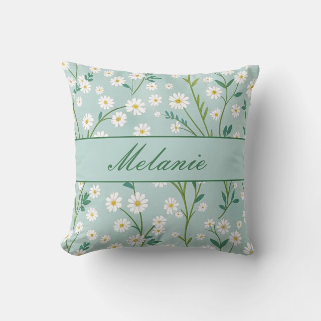 Cute Floral Spring Daisy Green Personalised Cushion (Front)