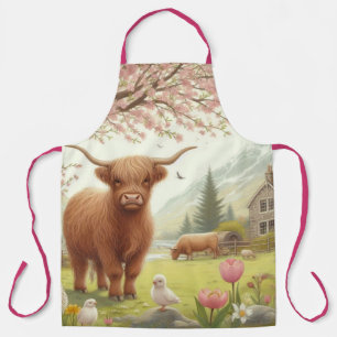 Cute, floral/spring highland cow apron