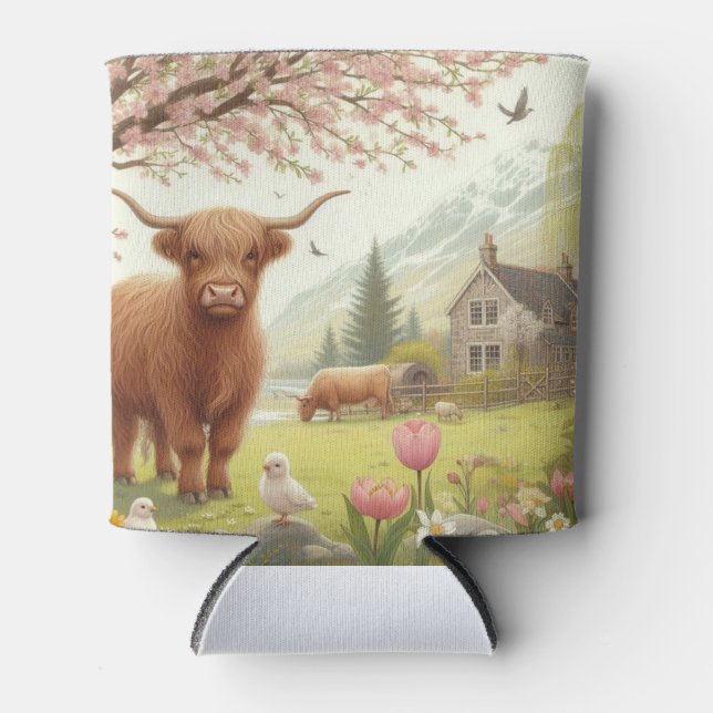 Cute, floral/spring highland cow can cooler (Front)